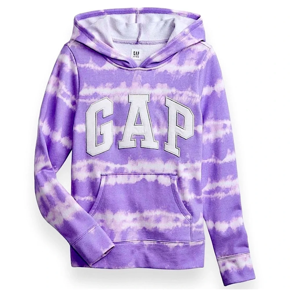 Gap Kids Girl Small 6/7 Purple TieDye Jersey Hoodie Logo Sweatshirt Top NEW